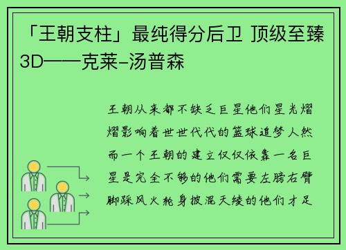 「王朝支柱」最纯得分后卫 顶级至臻3D——克莱-汤普森